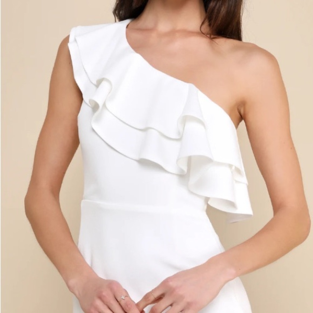One-Shoulder White Ruffle Mini Dress - Picture 3 of 13
